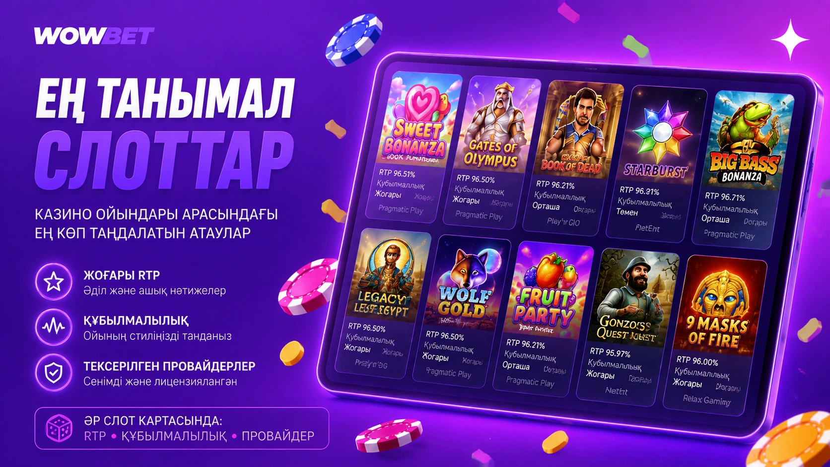 Wowbet танымал слоттар лобби планшетте RTP және провайдерлермен